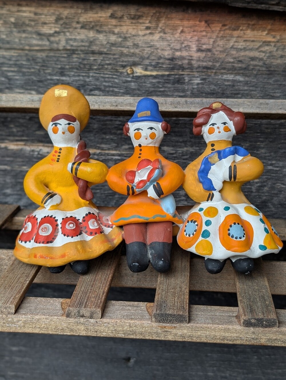 Vintage USSR Dymkovo Folk Art Clay Three Figures on Bench RSFSR Art Fund Label